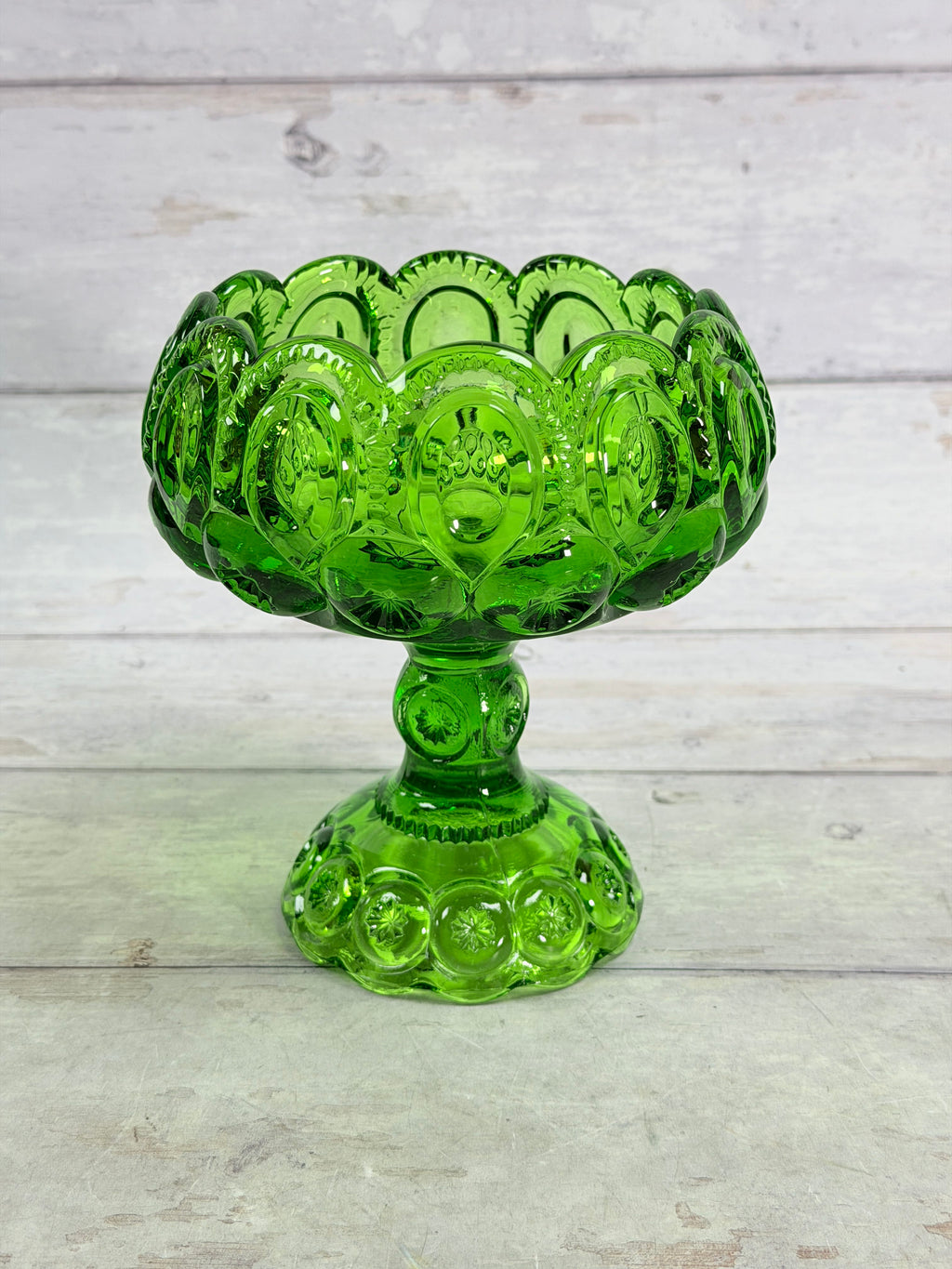 Moon and Star Green Glass Scalloped Pedestal Compote MN29