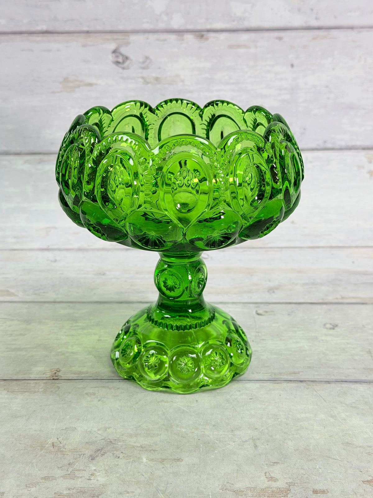 Moon and Star Green Glass Scalloped Pedestal Compote MN29