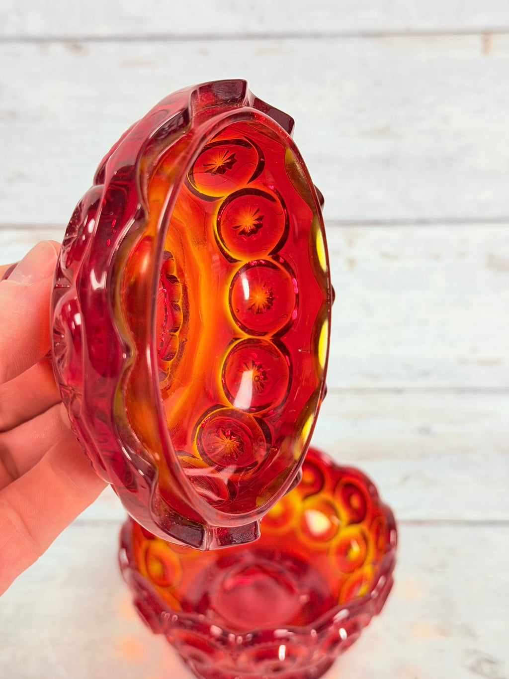Moon & Star Amberina Glass Lidded Candy Dish MN30