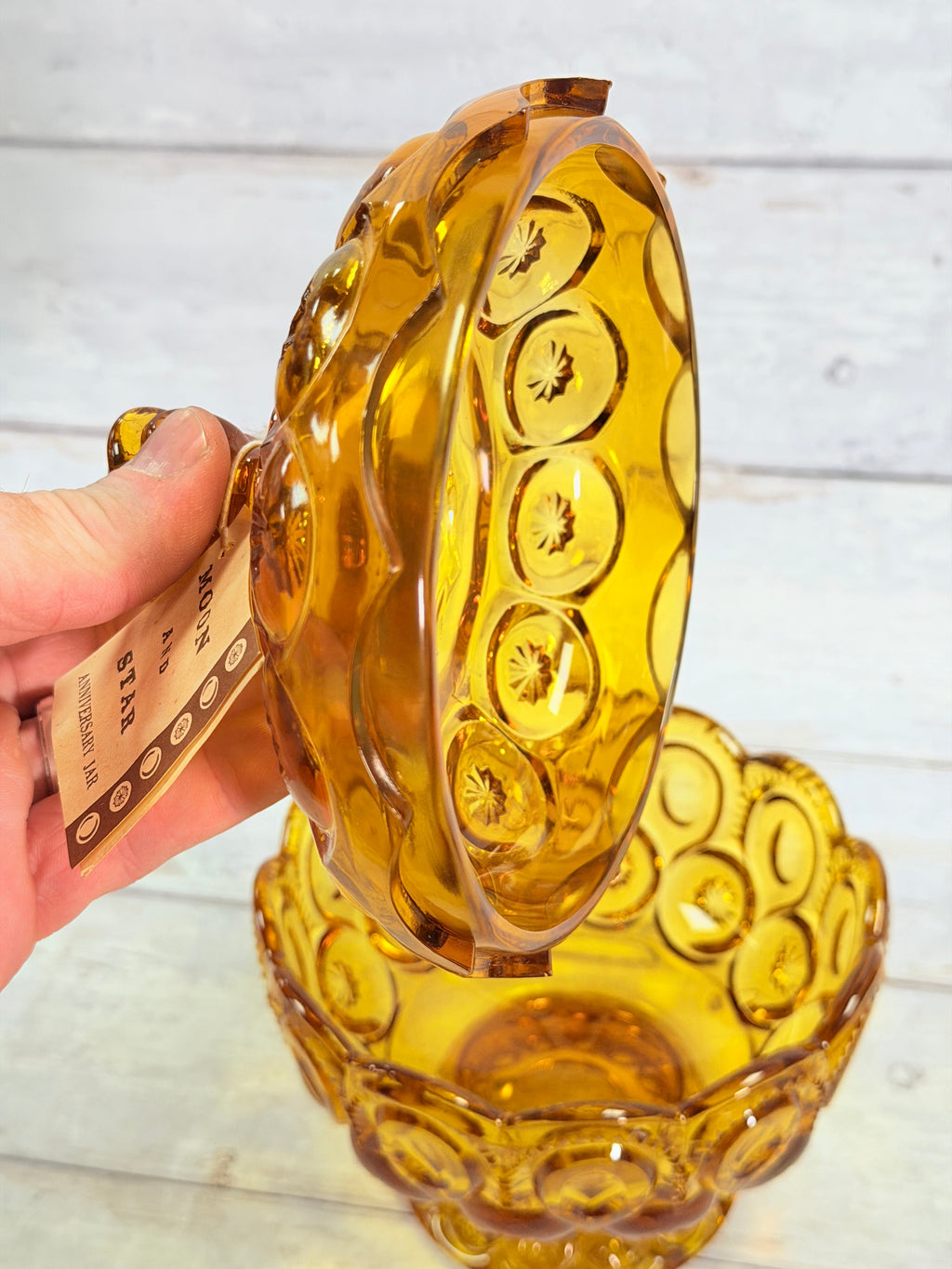 Moon & Star Amber Glass Lidded Candy Dish MN32