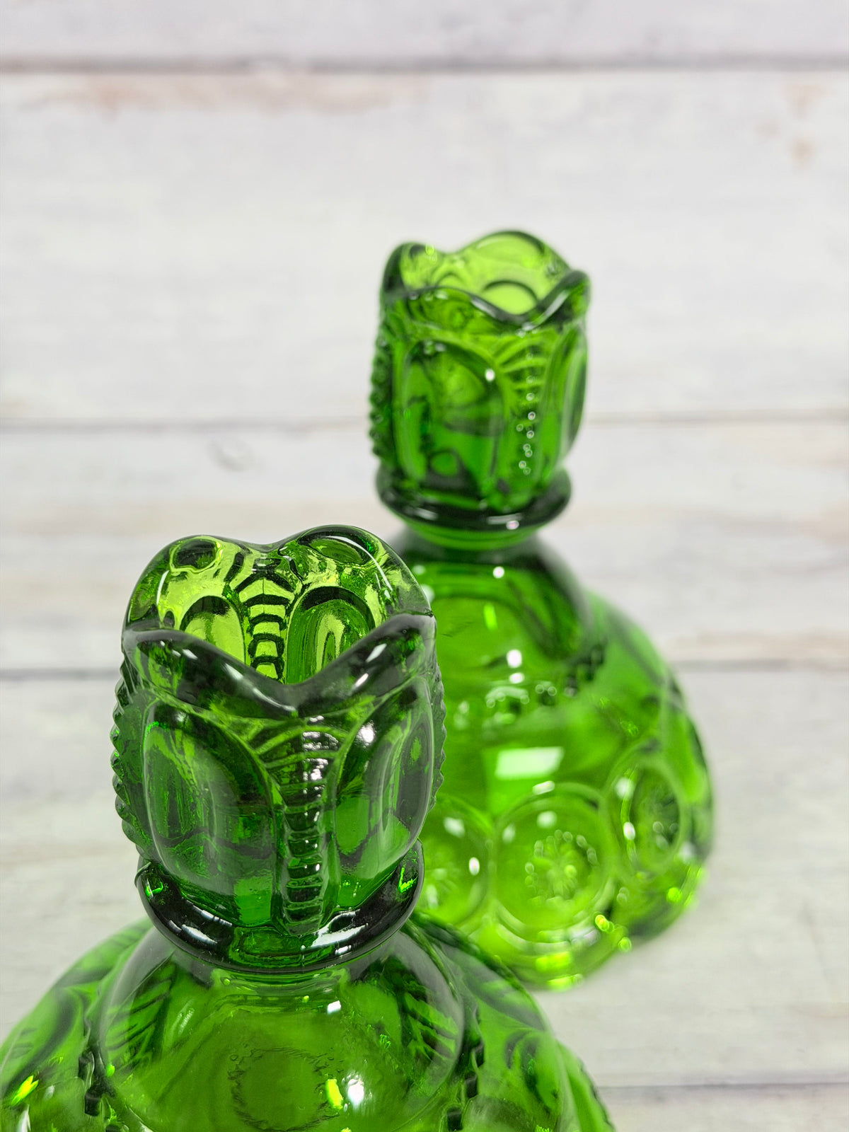 Green Moon & Star Glass Candlestick Holders – Pair MN33