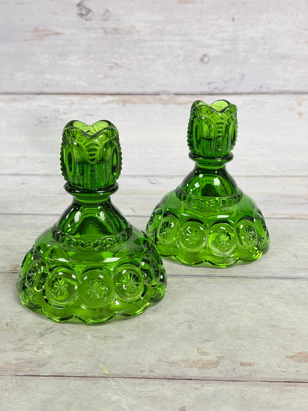 Green Moon & Star Glass Candlestick Holders – Pair MN33