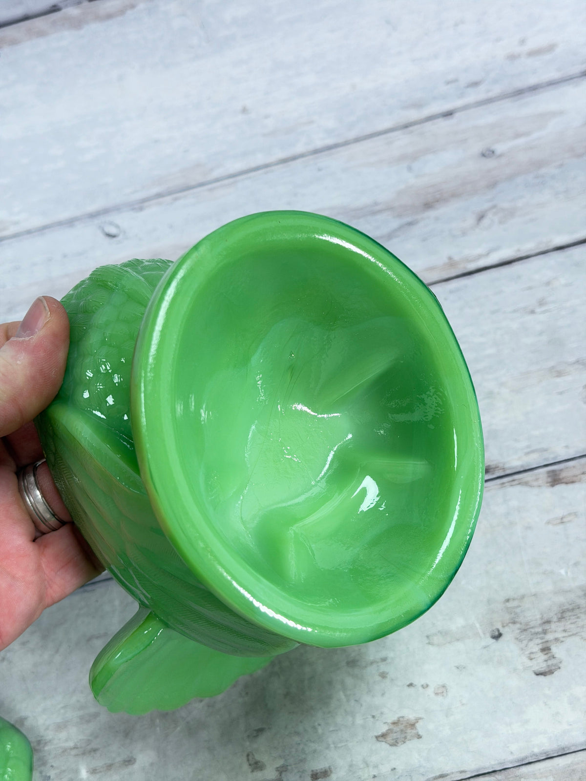L.E. Smith Jadeite Glass Turkey on Nest Covered Bowl – Original Box S105