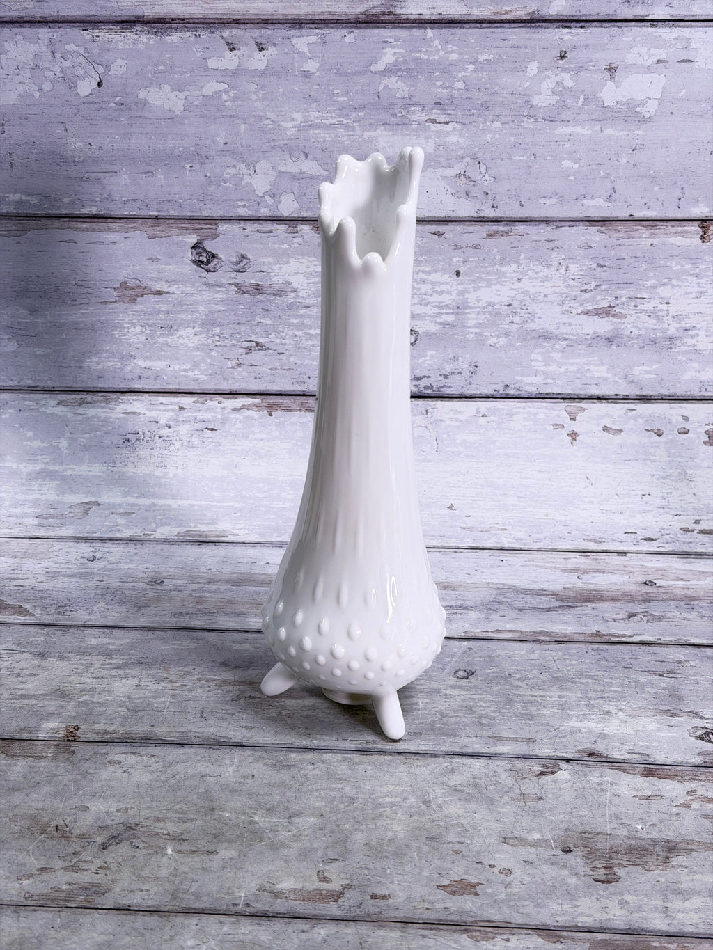 L.E. Smith White Milk Glass Hobnail Swung Vase – 10.5” Footed Art Glass S107