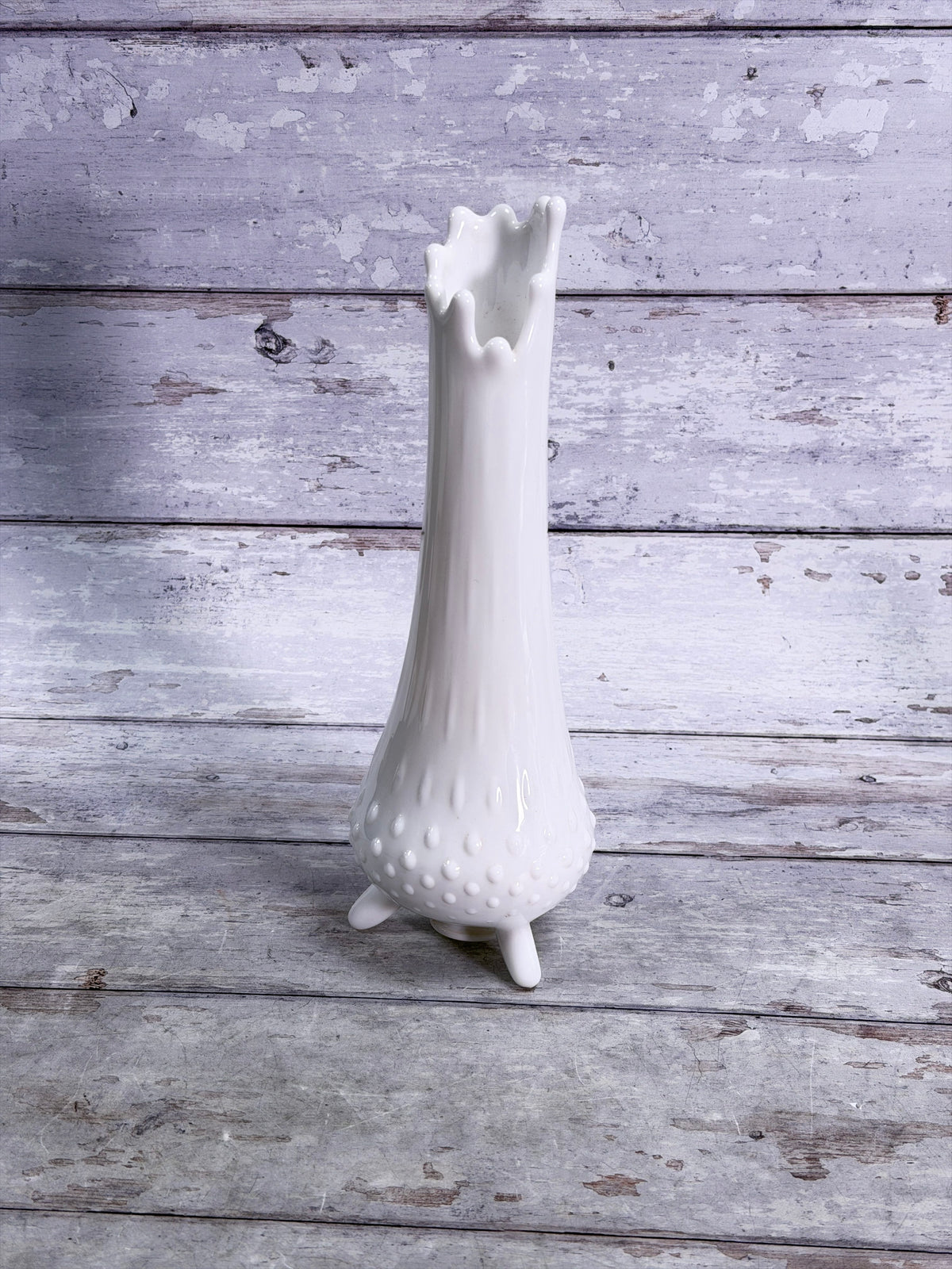 L.E. Smith White Milk Glass Hobnail Swung Vase – 10.5” Footed Art Glass S107