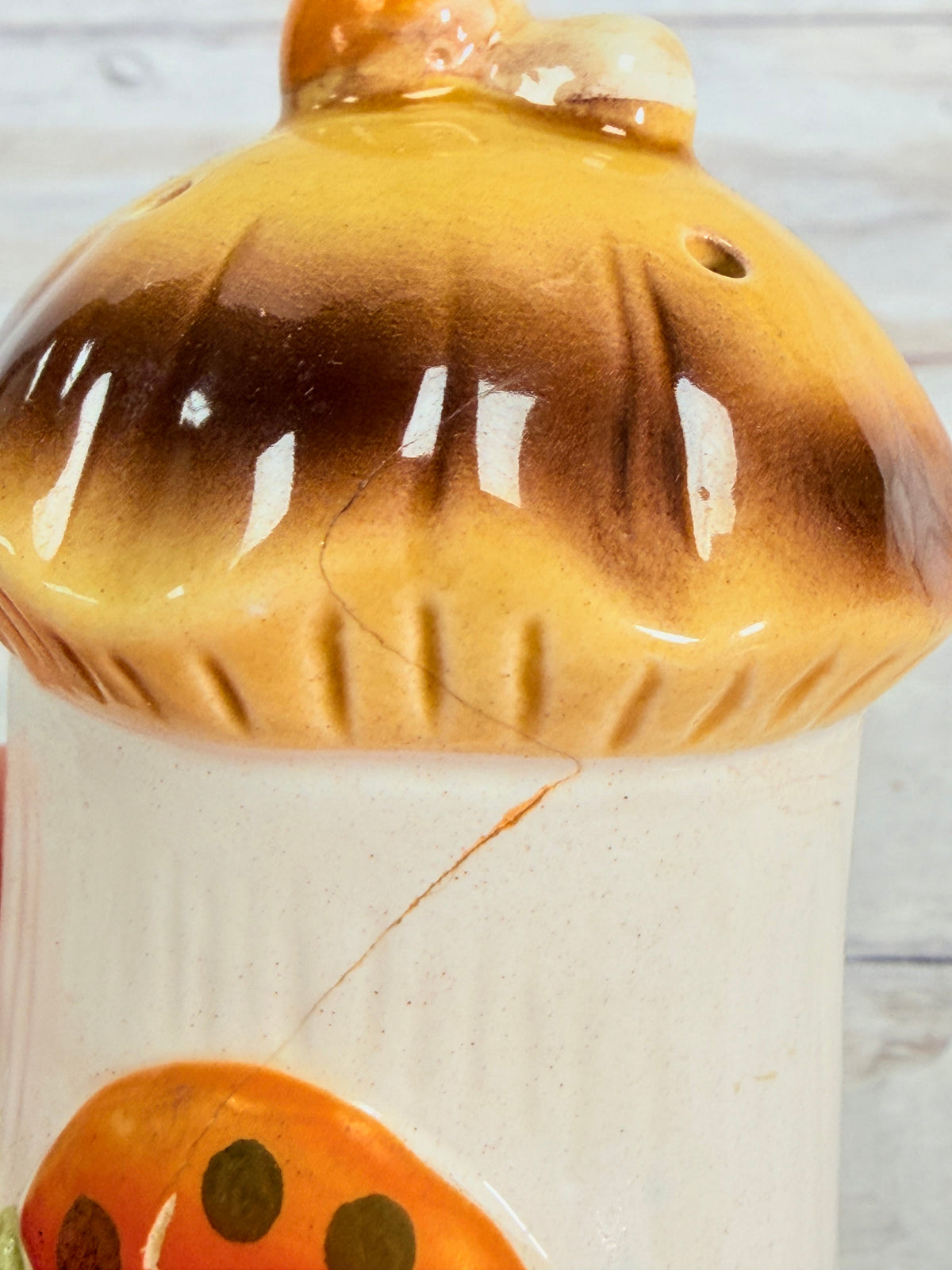 SR46. Sears Merry Mushroom Ceramic Spice Shaker – 1970s Japan – Cracked Display Piece SR46