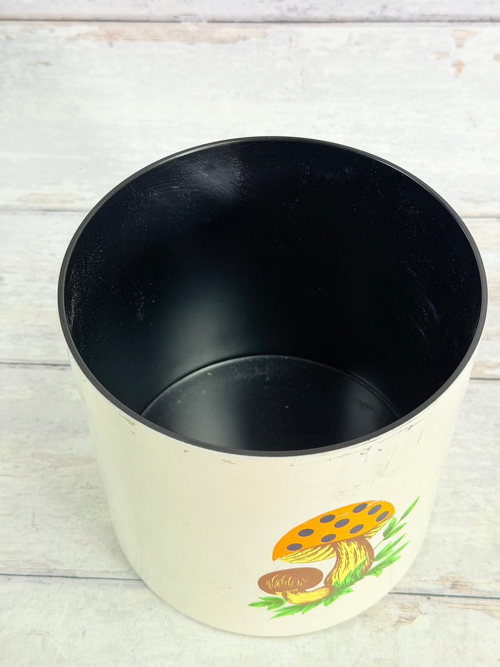 SR50. Sears Merry Mushroom Large Metal Canister with Lid – 1970s Mushroom Kitchen Decor SR50