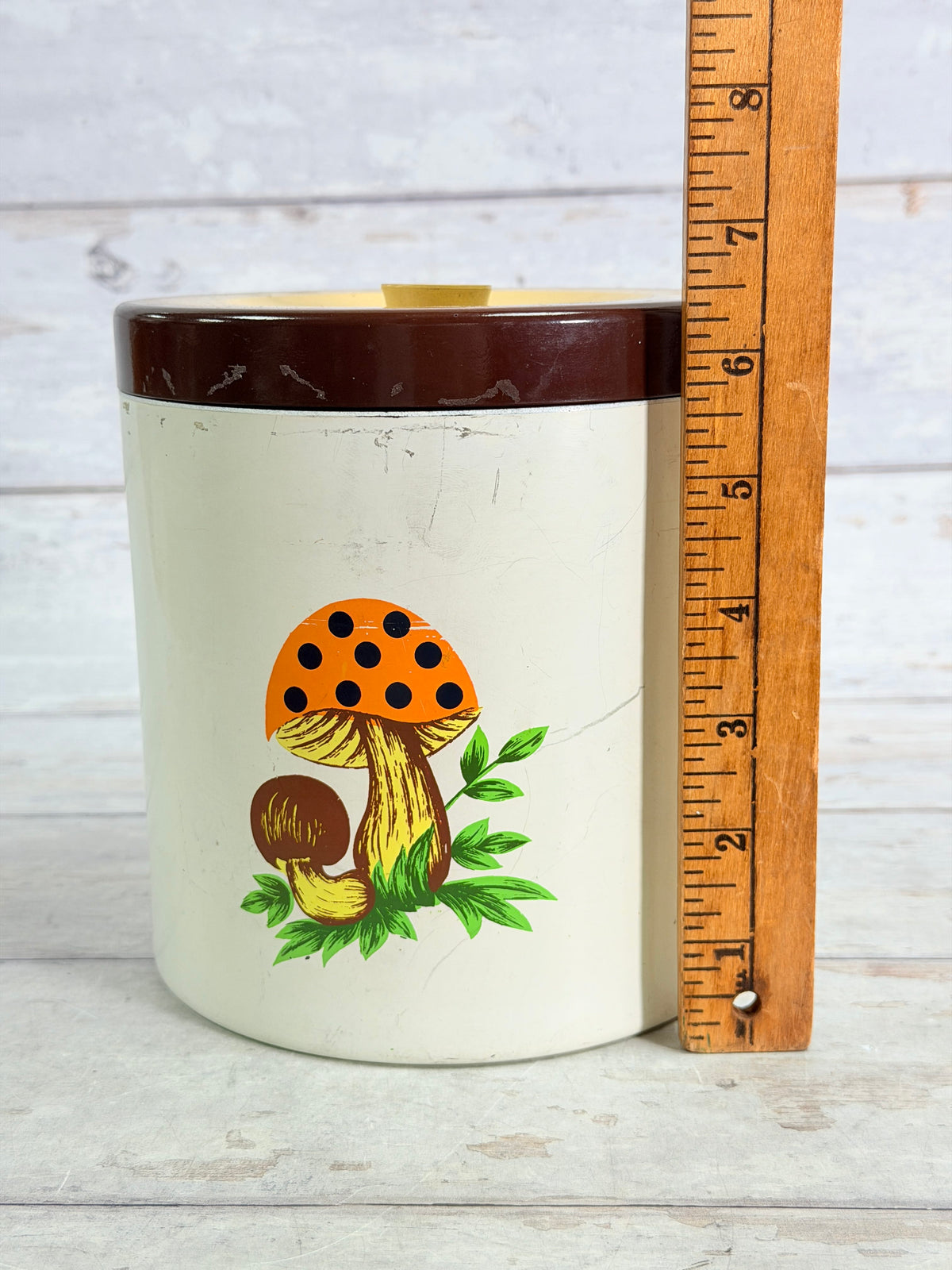 SR50. Sears Merry Mushroom Large Metal Canister with Lid – 1970s Mushroom Kitchen Decor SR50