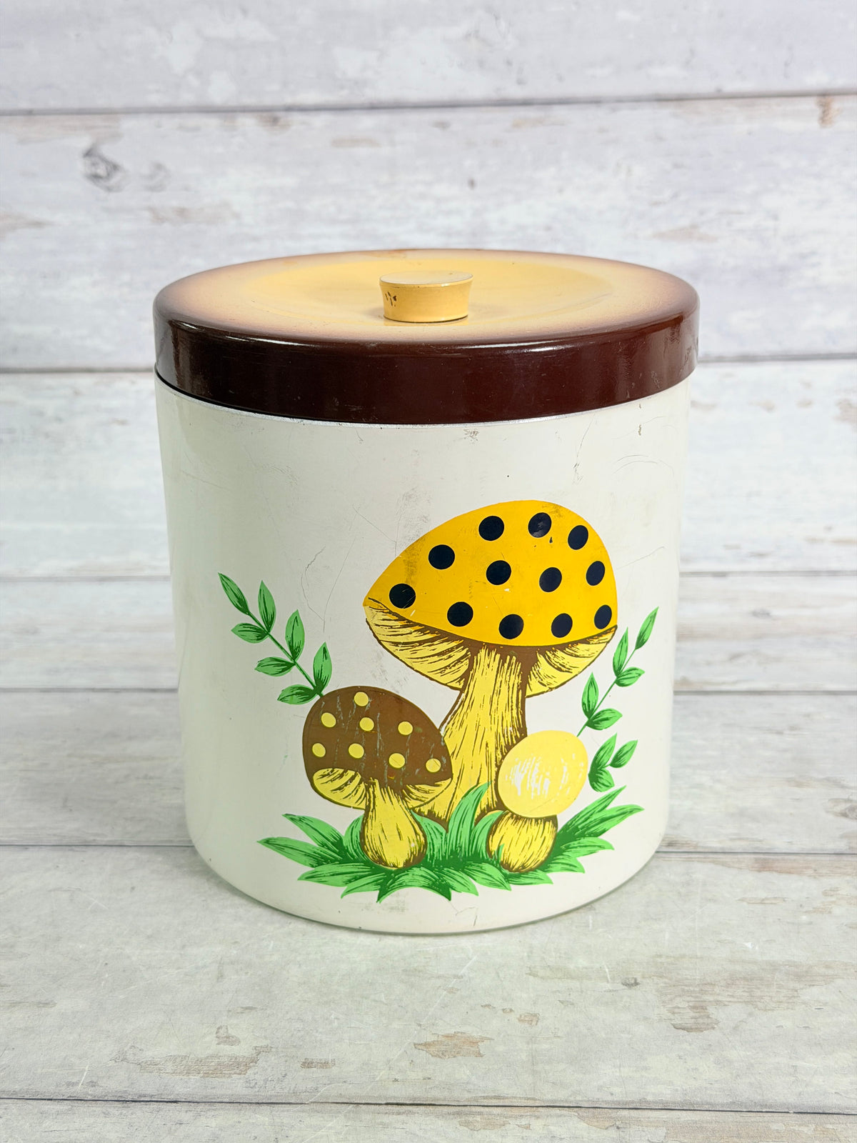 SR50. Sears Merry Mushroom Large Metal Canister with Lid – 1970s Mushroom Kitchen Decor SR50