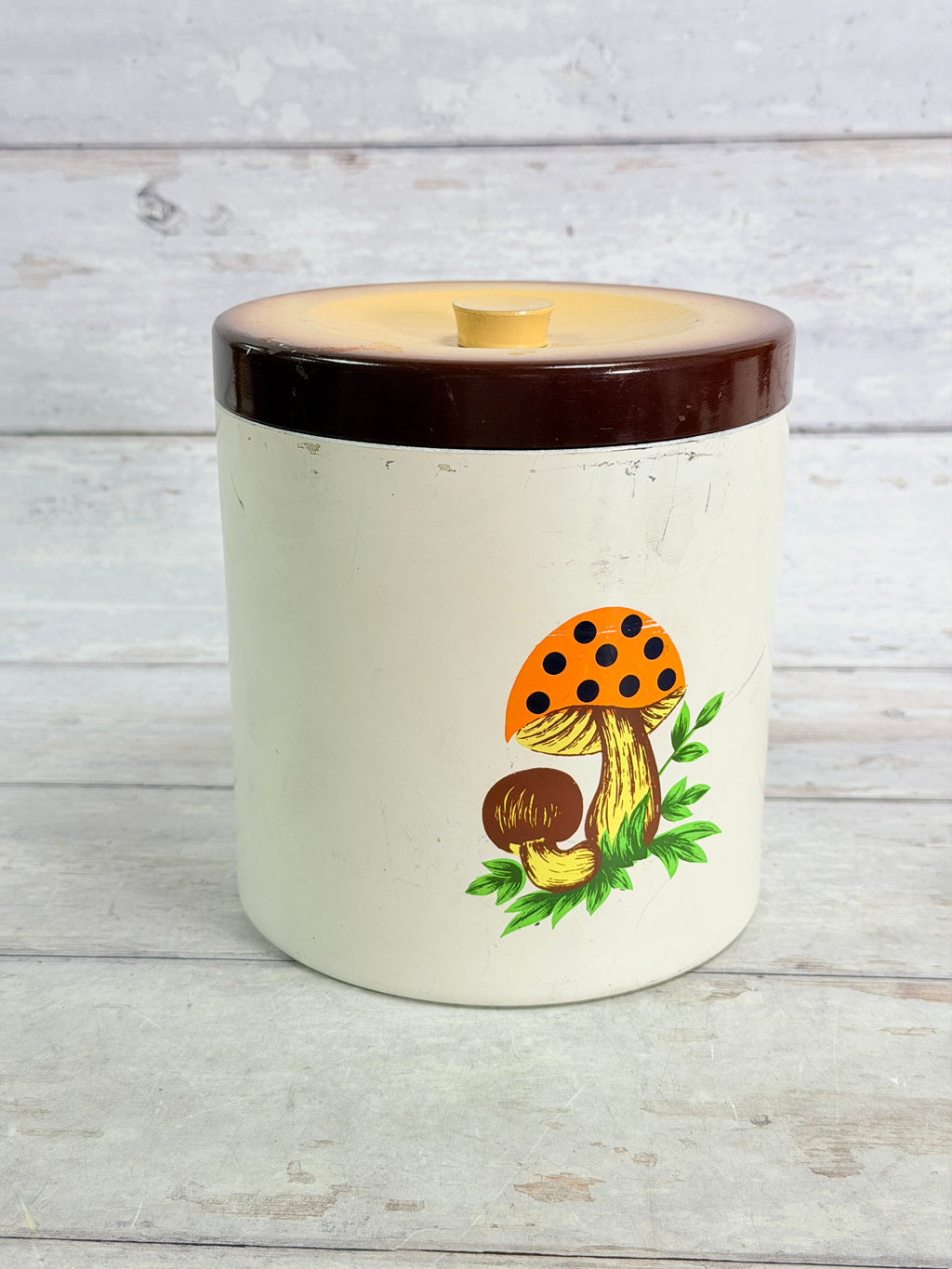 SR50. Sears Merry Mushroom Large Metal Canister with Lid – 1970s Mushroom Kitchen Decor SR50