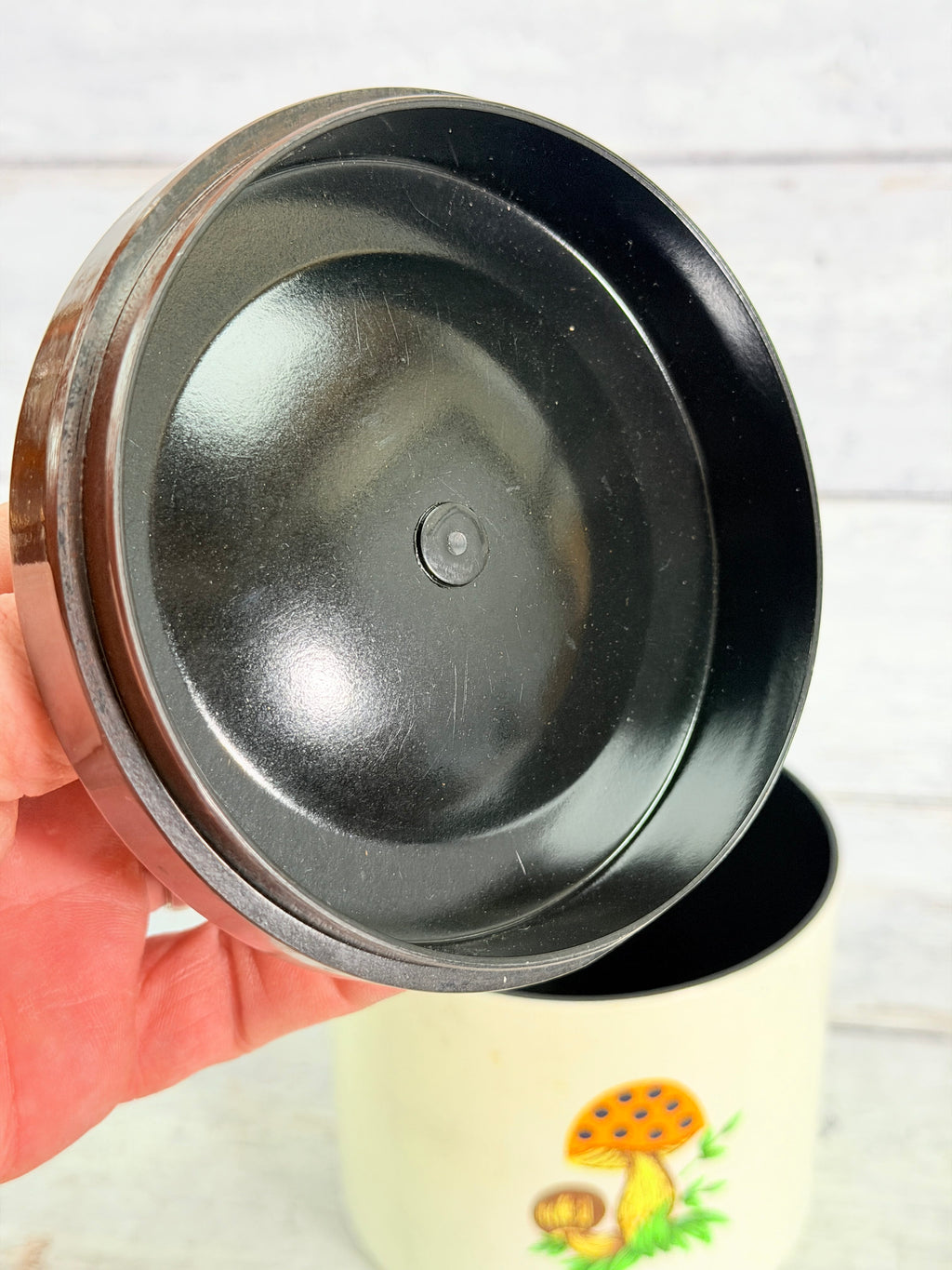 SR51. Sears Merry Mushroom Metal Canister with Lid – 1970s Mushroom Kitchen Decor SR51