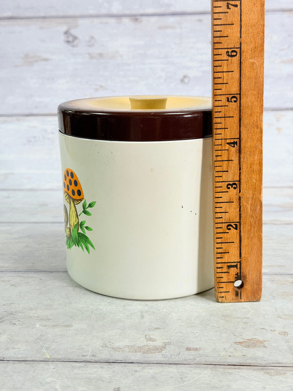 SR51. Sears Merry Mushroom Metal Canister with Lid – 1970s Mushroom Kitchen Decor SR51