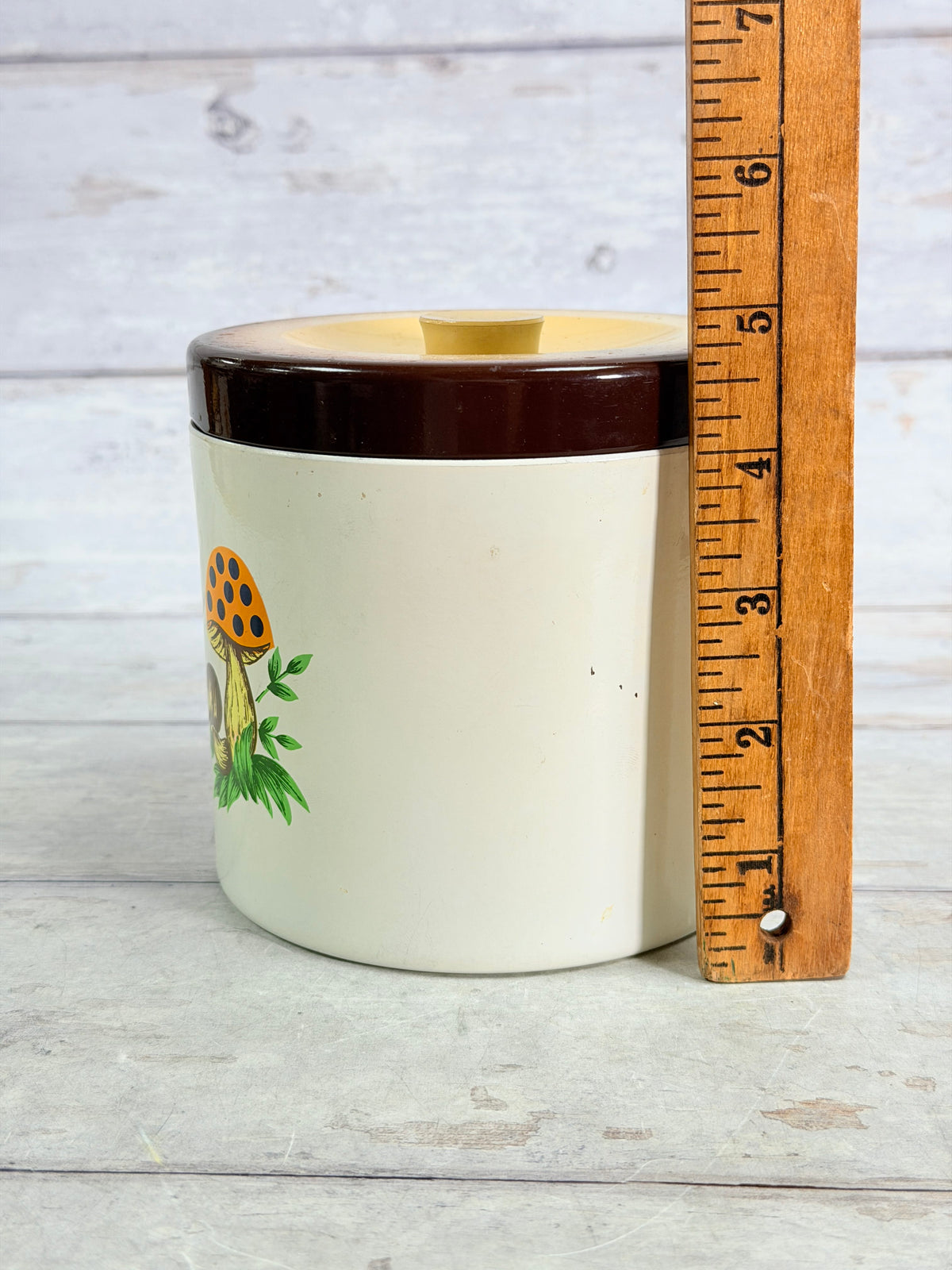 SR51. Sears Merry Mushroom Metal Canister with Lid – 1970s Mushroom Kitchen Decor SR51