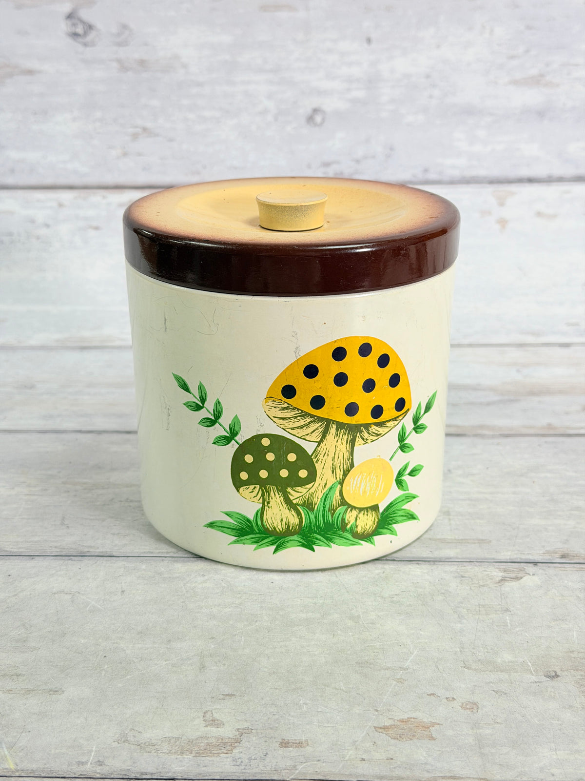 SR51. Sears Merry Mushroom Metal Canister with Lid – 1970s Mushroom Kitchen Decor SR51