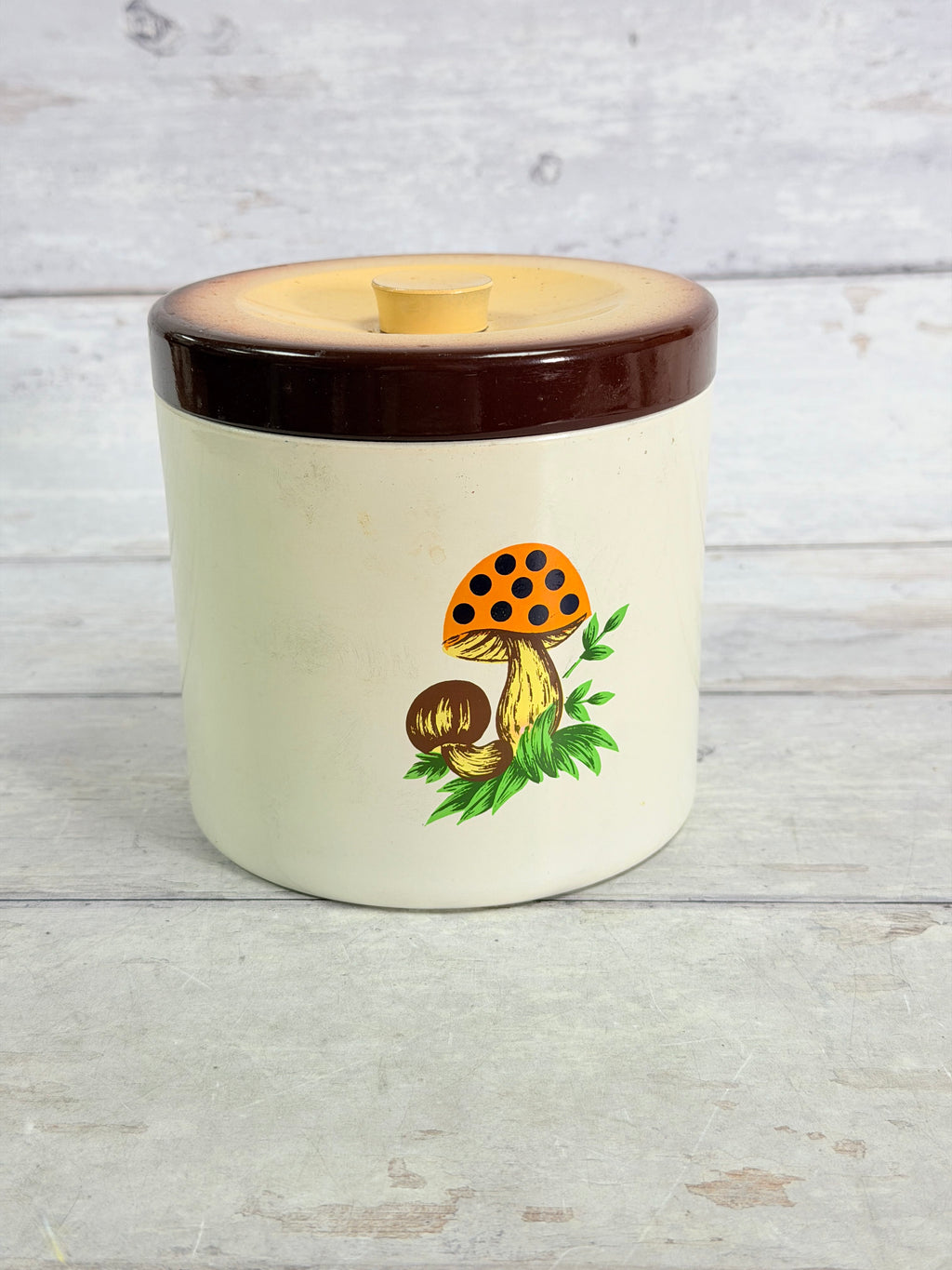 SR51. Sears Merry Mushroom Metal Canister with Lid – 1970s Mushroom Kitchen Decor SR51