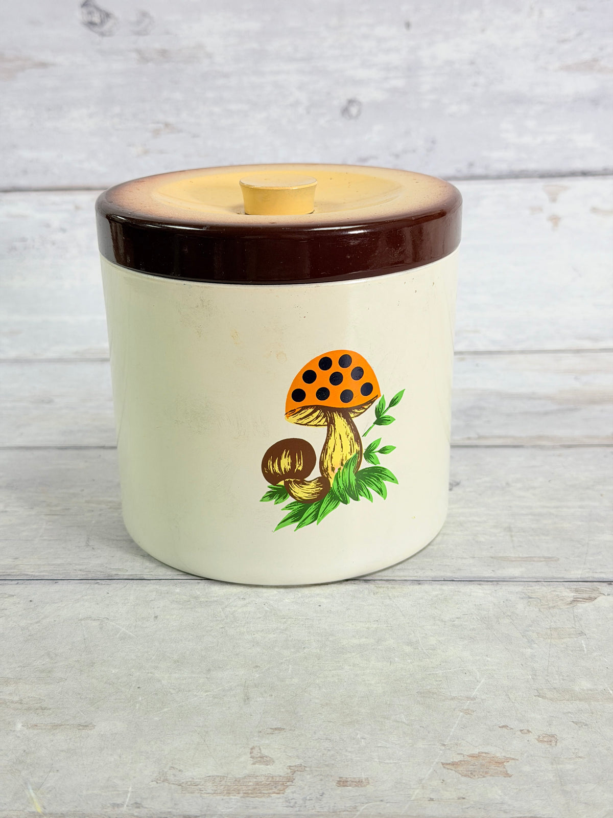 SR51. Sears Merry Mushroom Metal Canister with Lid – 1970s Mushroom Kitchen Decor SR51
