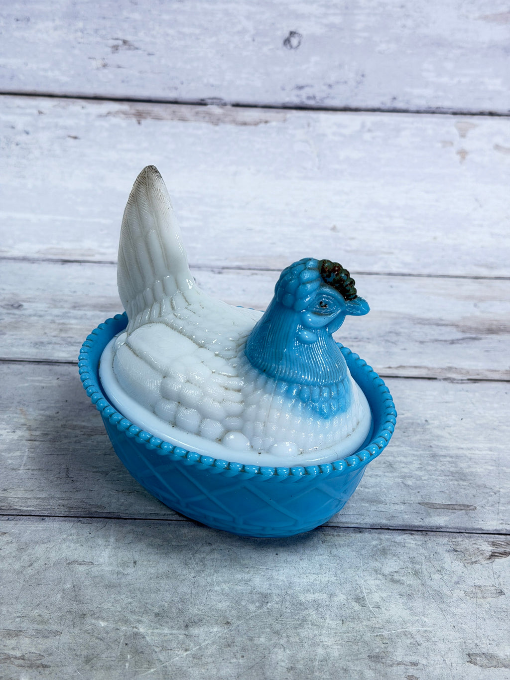 Westmoreland Blue & White Slag Glass Hen on Nest Covered Dish WG16