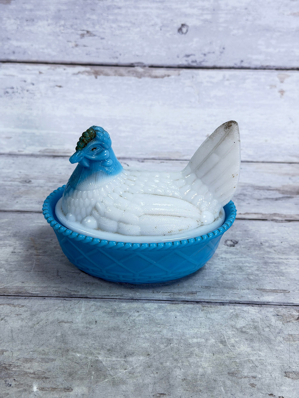 Westmoreland Blue & White Slag Glass Hen on Nest Covered Dish WG16