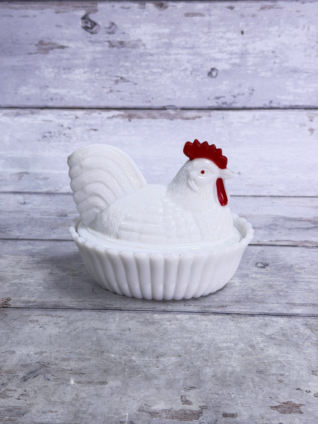 Westmoreland Milk Glass Rooster on Basket Covered Dish – Red Comb & Wattle WG23