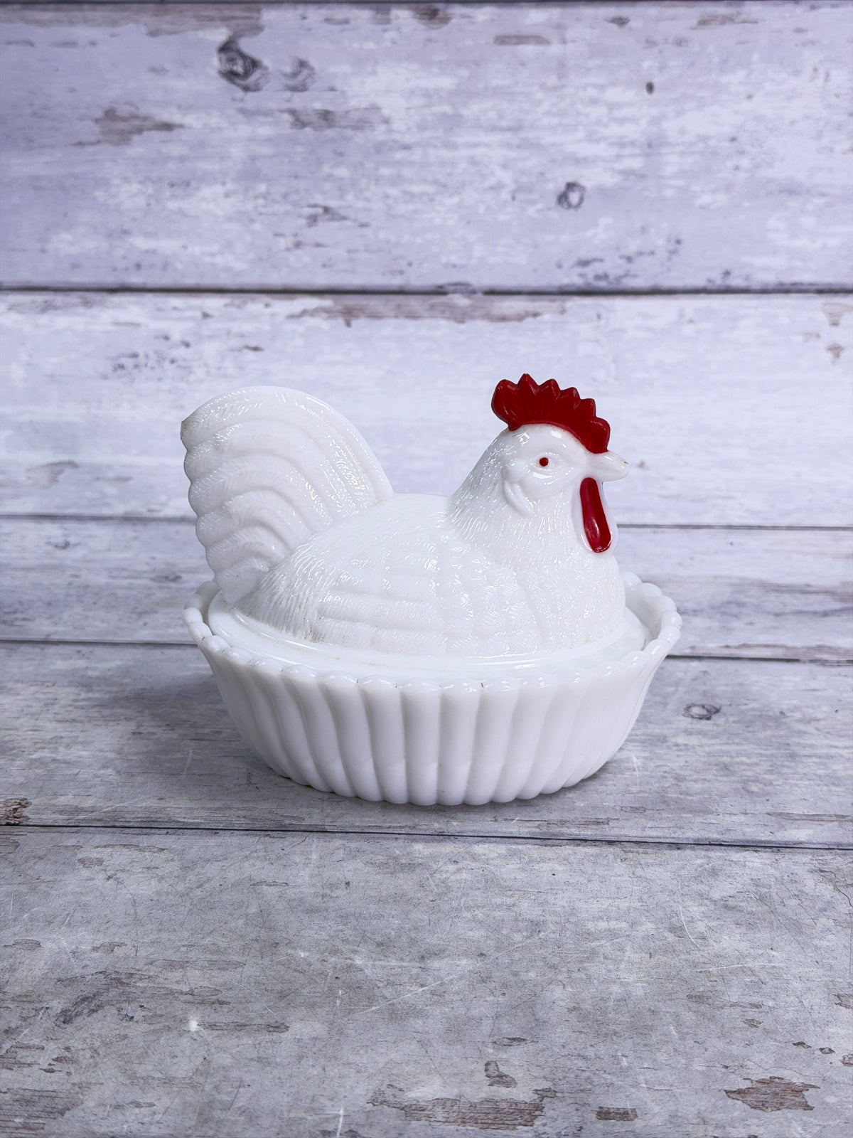Westmoreland Milk Glass Rooster on Basket Covered Dish – Red Comb & Wattle WG23