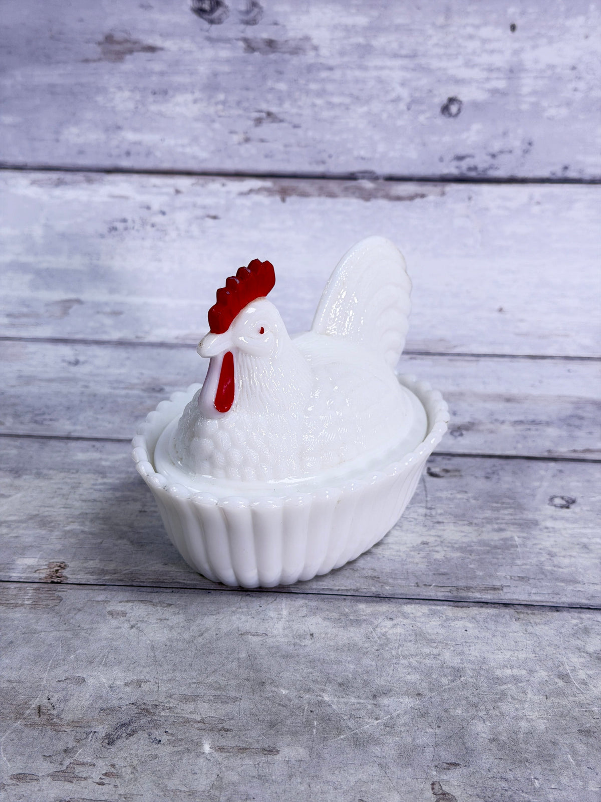 Westmoreland Milk Glass Rooster on Basket Covered Dish – Red Comb & Wattle WG23