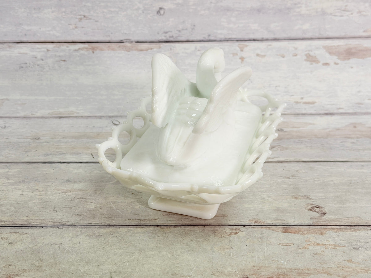 Westmoreland Milk Glass Raised Wing Swan Covered Dish on Lacy Base WG25