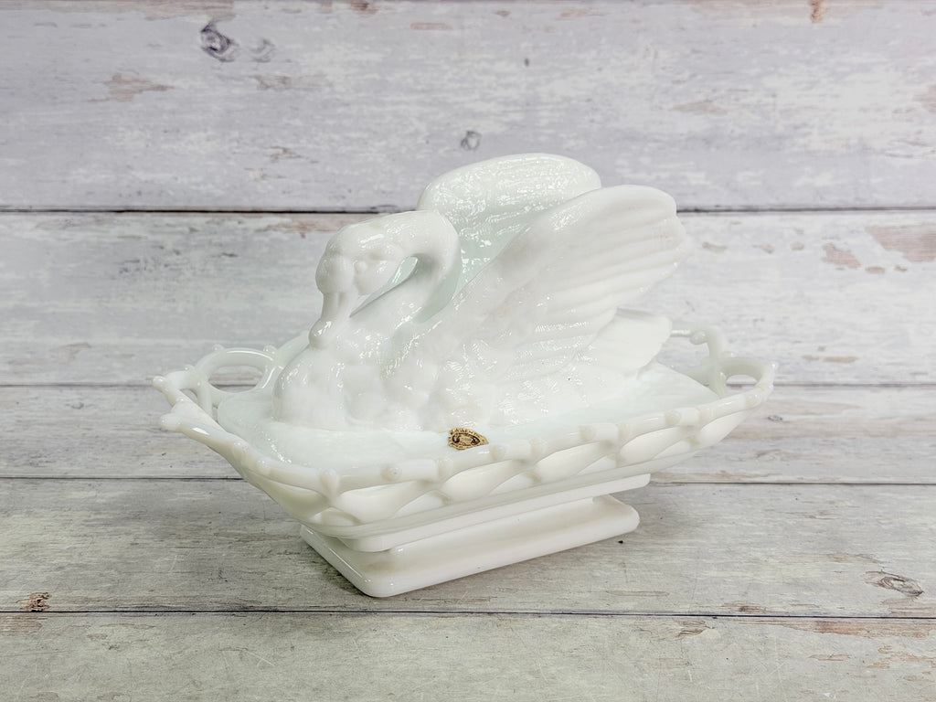 Westmoreland Milk Glass Raised Wing Swan Covered Dish on Lacy Base WG25