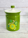 Kromex Avocado Green Floral 8 inch Canister with Lid – 1970s Flower Power Z127