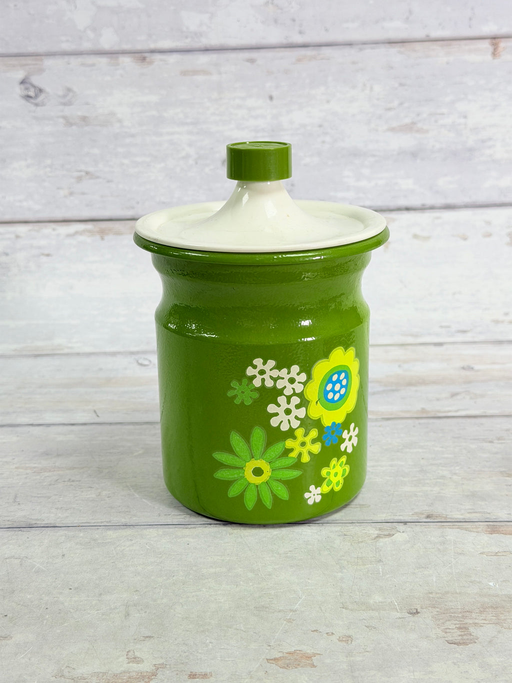 Kromex Avocado Green Floral 5 inch Kitchen Canister with Lid – 1970s Flower Power Z130