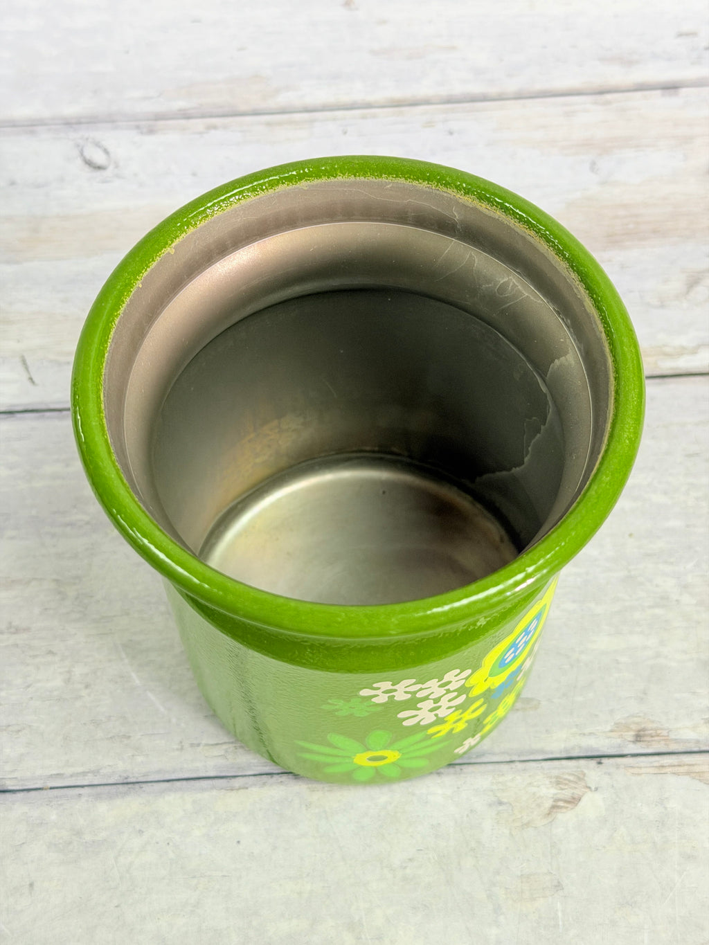 Kromex Avocado Green Floral 5 inch Kitchen Canister with Lid – 1970s Flower Power Z130