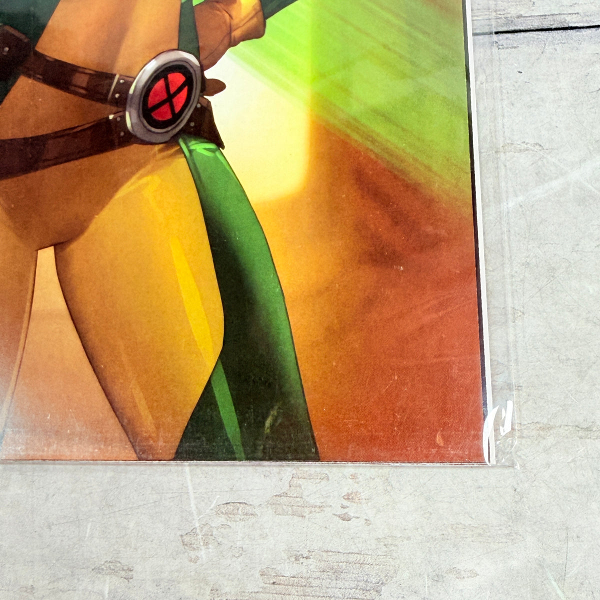 Uncanny X-Men #8 (2025) Leirix Rogue Virgin Variant, lower-right detail in clear sleeve