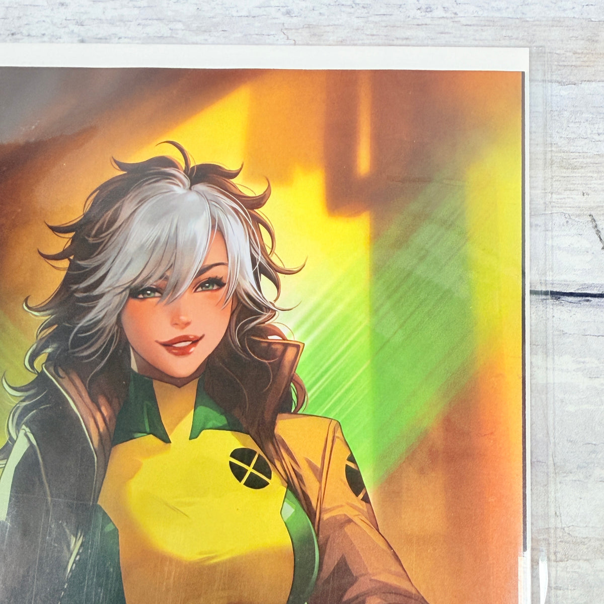 Uncanny X-Men #8 (2025) Leirix Rogue Virgin Variant, upper-right detail in clear sleeve