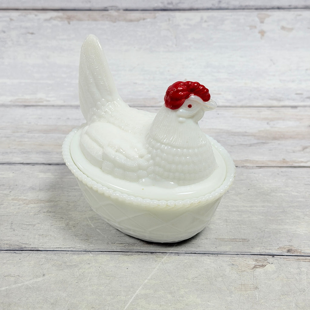 White milk glass Westmoreland hen on nest with red comb, alternate view
