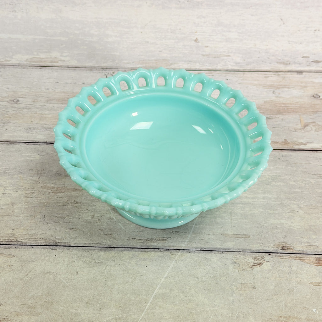 Fostoria Randolph aqua blue milk glass candy dish, open bowl showing smooth interior and pierced lace rim.