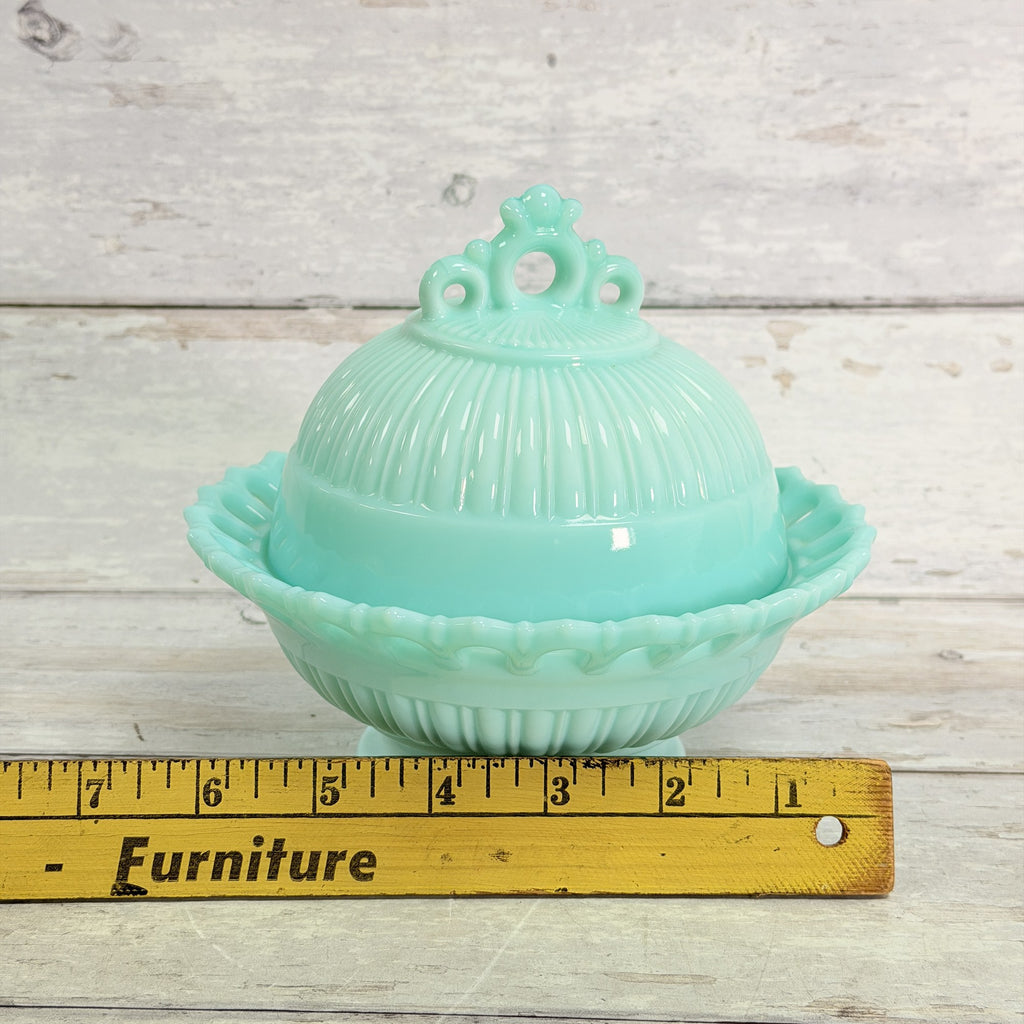 Fostoria Randolph aqua blue milk glass candy dish, ruler across front showing approximate width.