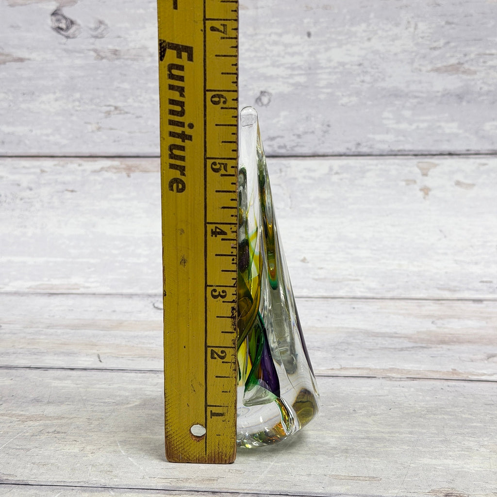 Multicolor teardrop crystal paperweight beside a ruler showing its approximate five-and-a-half-inch height