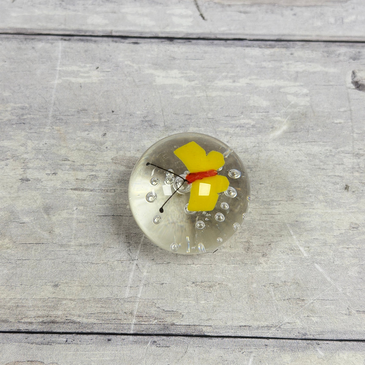 Top view of yellow butterfly and suspended air bubbles inside a small round clear glass paperweight