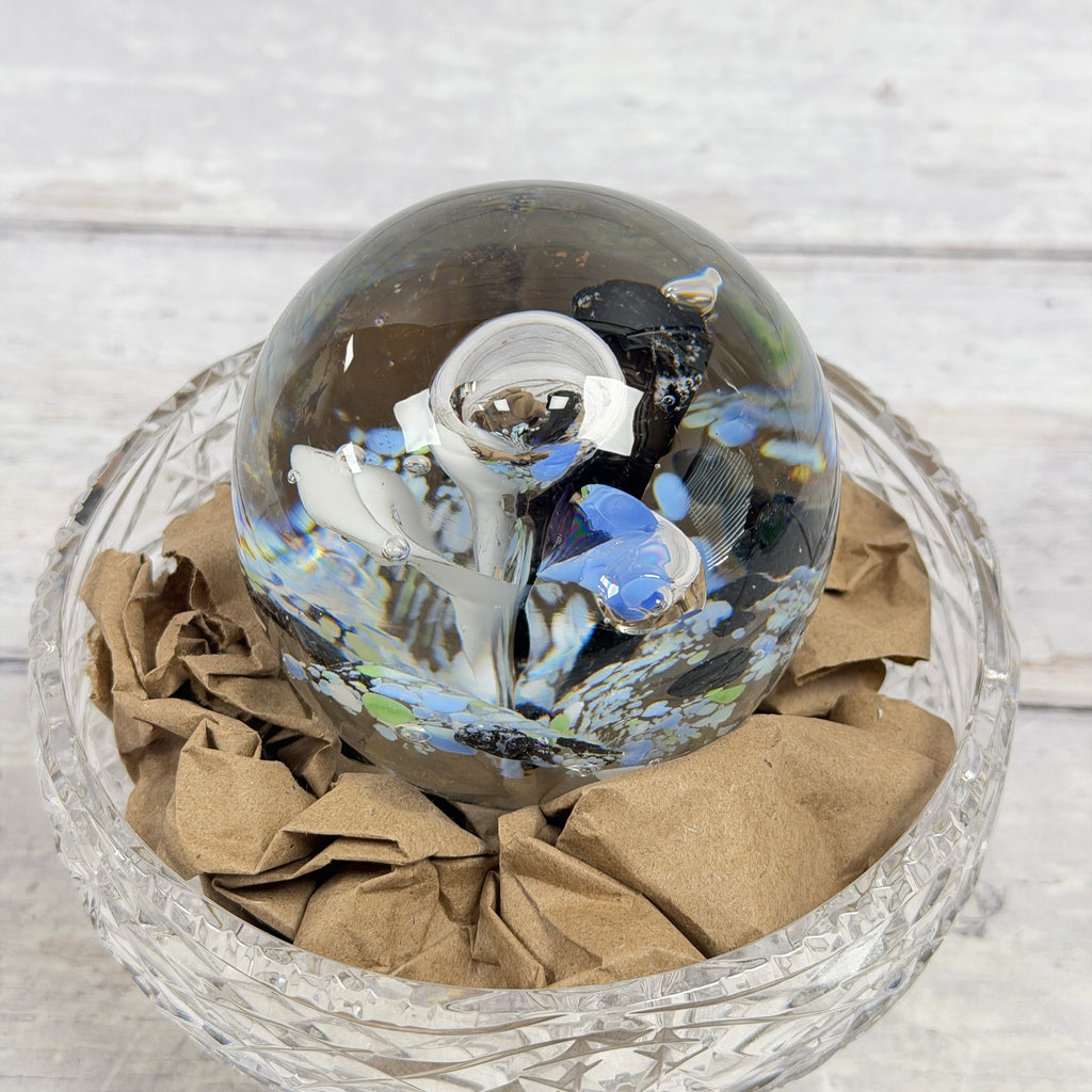 Blue, White and Black Floral Bubble Glass Paperweight, view 2; display props not included
