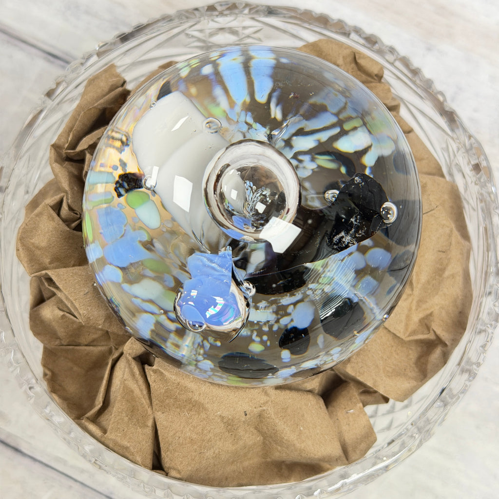 Blue, White and Black Floral Bubble Glass Paperweight, view 3; display props not included
