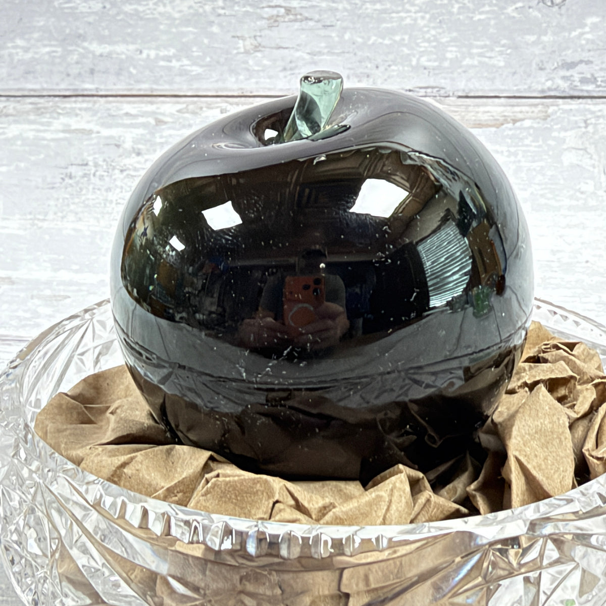 Dark Green Glass Apple Paperweight, view 2; display props not included