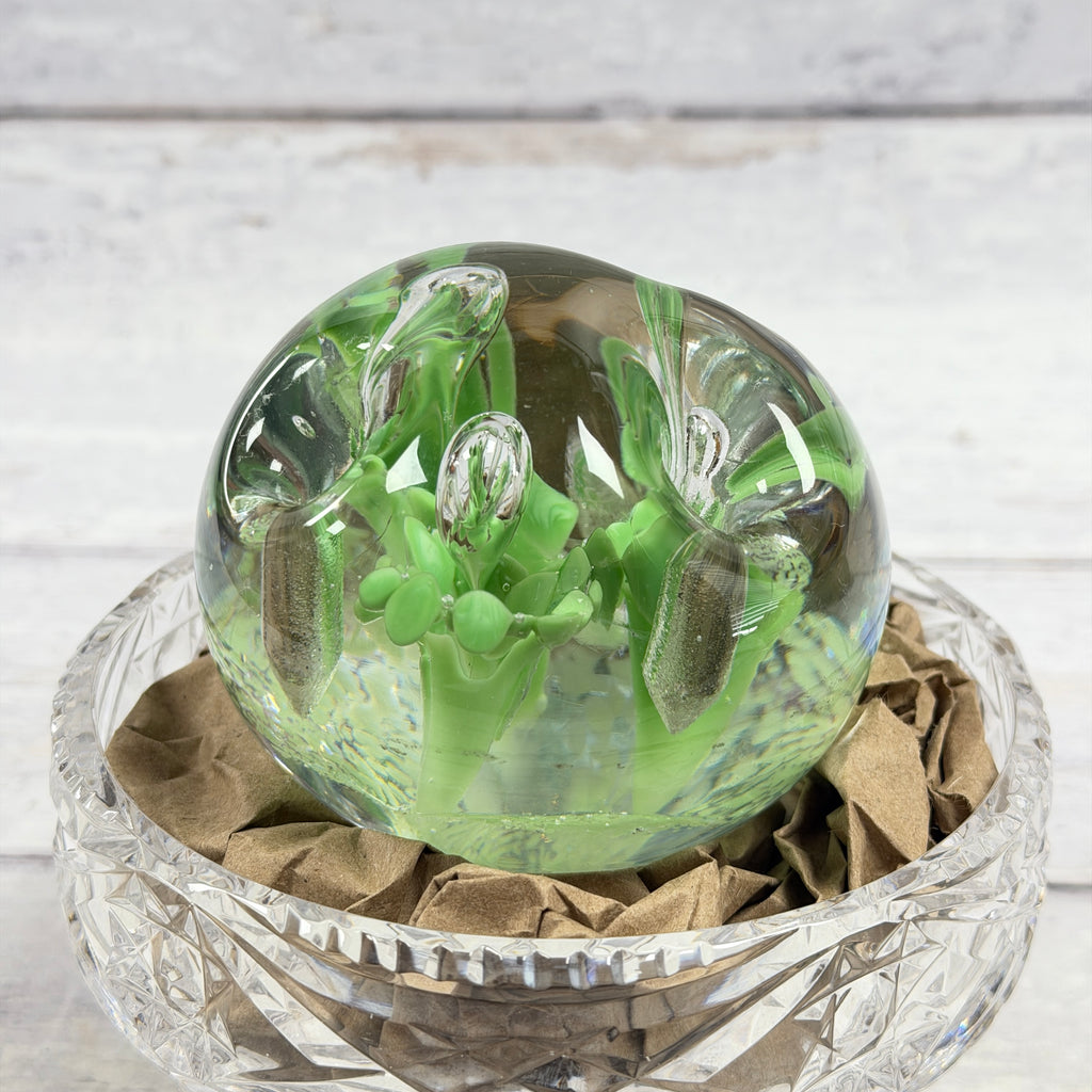 Lime Green Floral Controlled-Bubble Glass Paperweight, view 1; display props not included