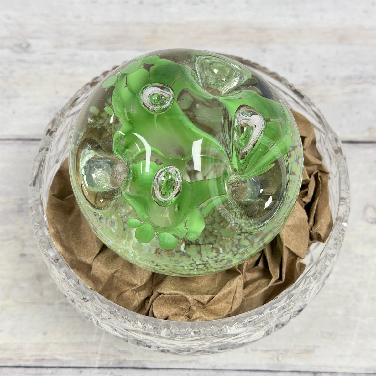Lime Green Floral Controlled-Bubble Glass Paperweight, view 2; display props not included