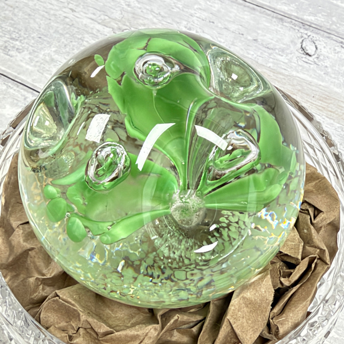 Lime Green Floral Controlled-Bubble Glass Paperweight, view 3; display props not included