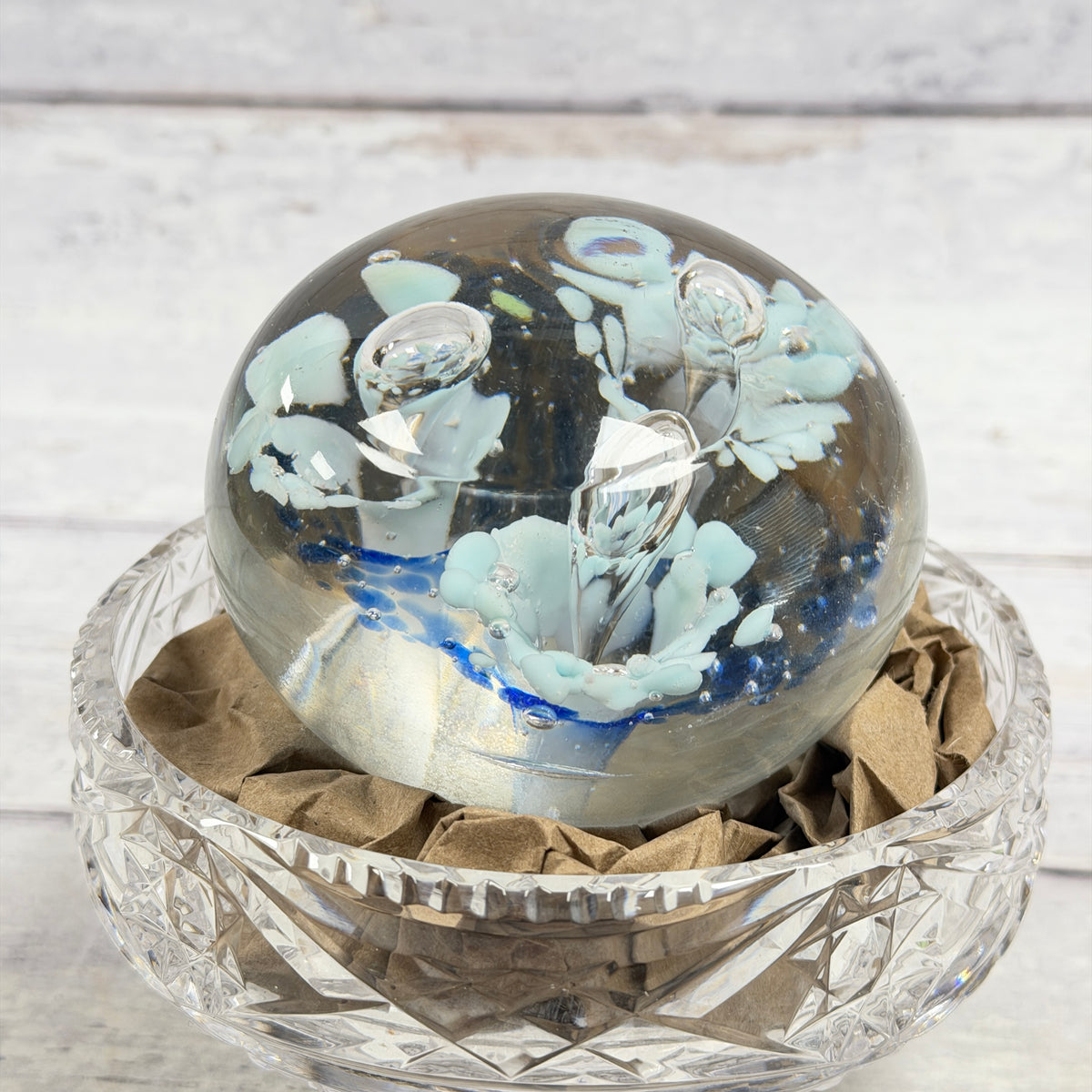 Pale Blue Floral Controlled-Bubble Glass Paperweight