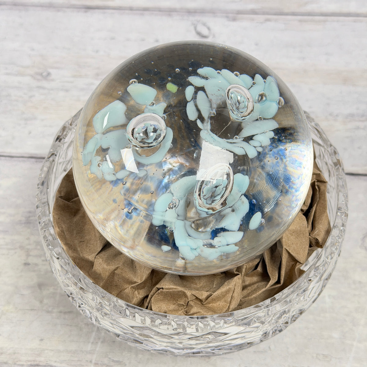 Pale blue floral controlled-bubble glass paperweight alternate view