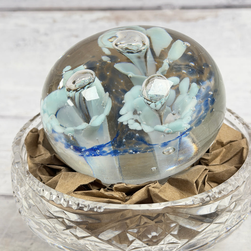 Pale blue floral controlled-bubble glass paperweight alternate view