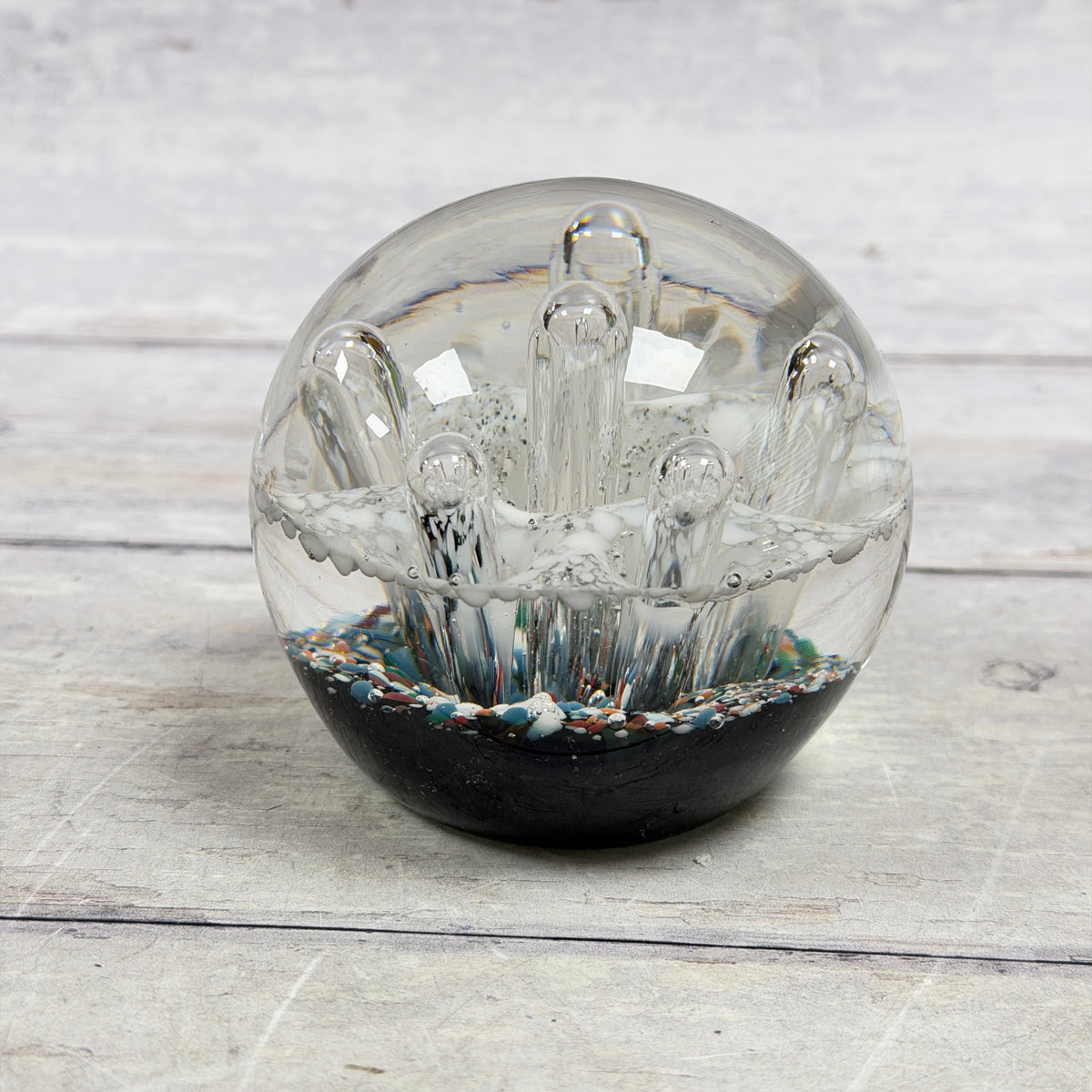 Black and White Controlled-Bubble Glass Paperweight with Multicolor Frit - product view