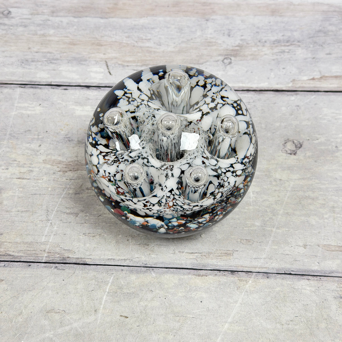 Black and White Controlled-Bubble Glass Paperweight with Multicolor Frit - product view