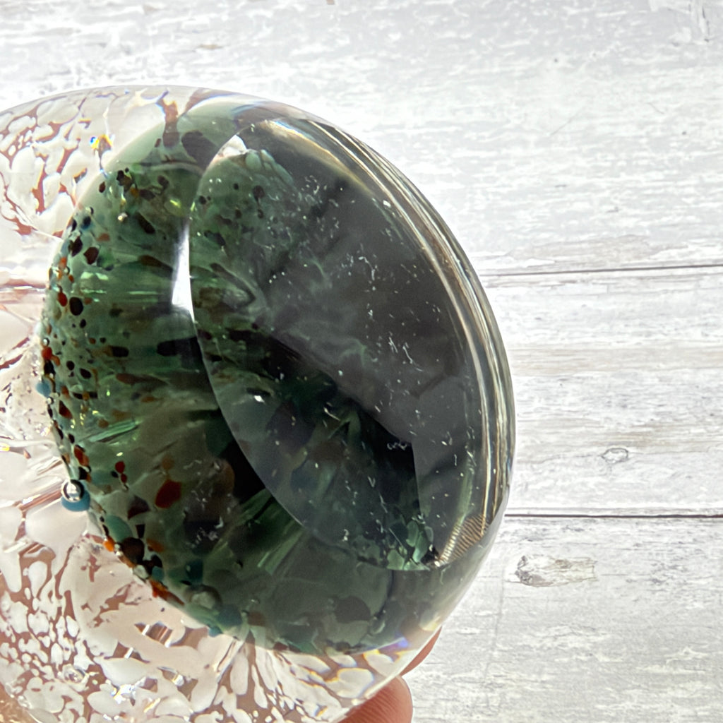 Black and White Controlled-Bubble Glass Paperweight with Multicolor Frit - underside detail