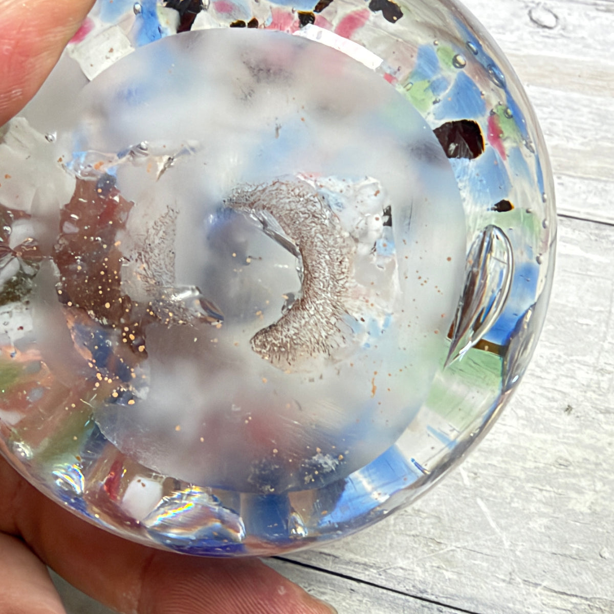 Multicolor Frit Glass Paperweight with Large Central Bubble, underside and condition detail